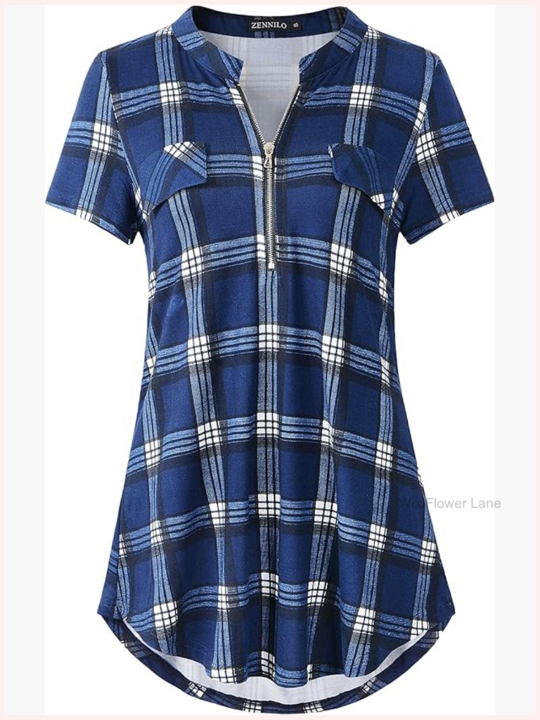 Women's Zip V Neck Plaid Short Sleeve Tunic Top Blouse